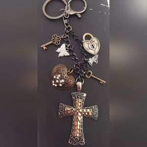 Multi-Charm Cross Pendant Bag Charm/key Chain with Hearts and Butterfly